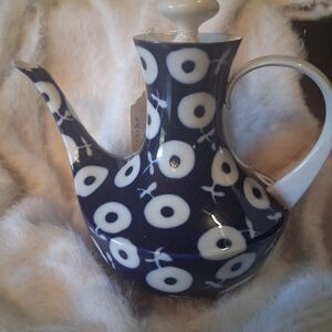 Blue and White Ceramic Teapot with Circular Pattern - Unbranded